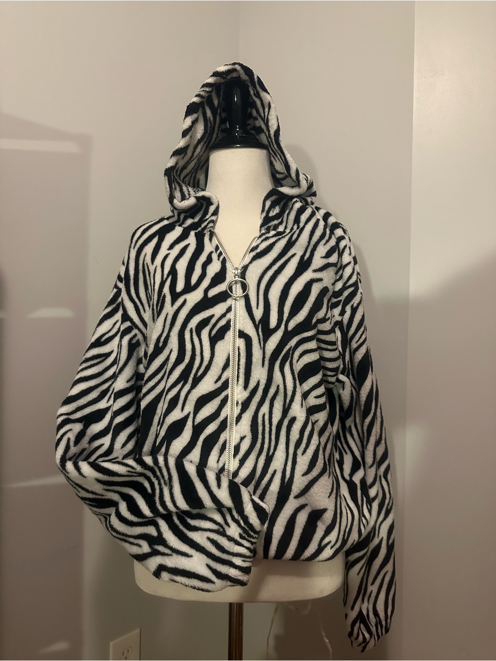 Y2K Zebra-Print Teddy Zip Hoodie Jacket